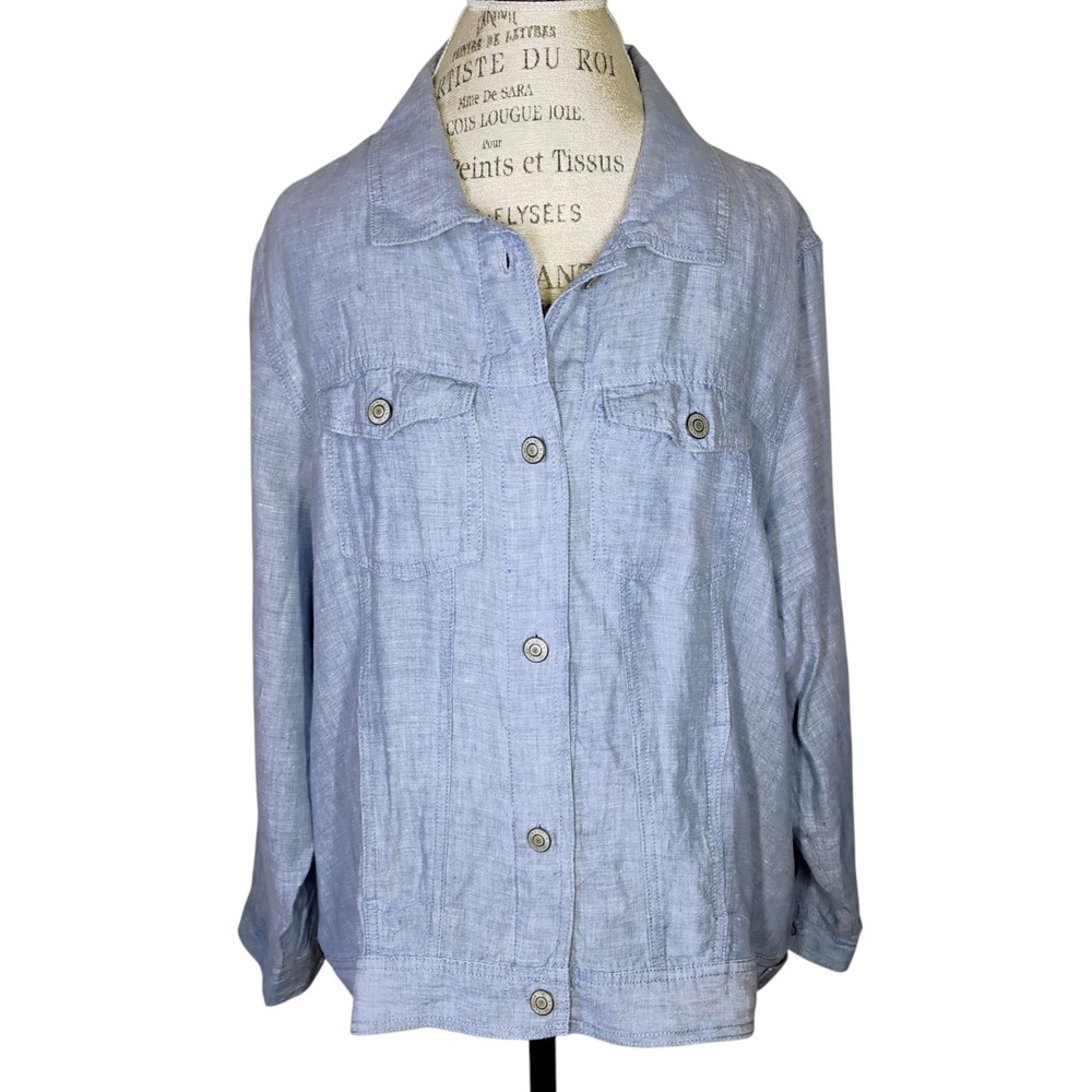 Jones New York 100% Linen Jacket‎ Women's 2X Blue Button Down Minimalist Travel